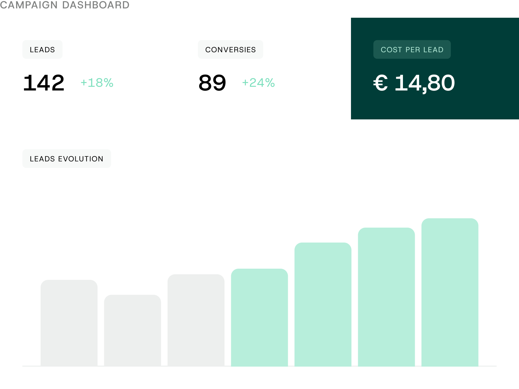 Dashboard for online marketing campaigns showcasing leads, conversions, cost per lead, and growing lead performance for data-driven optimization.