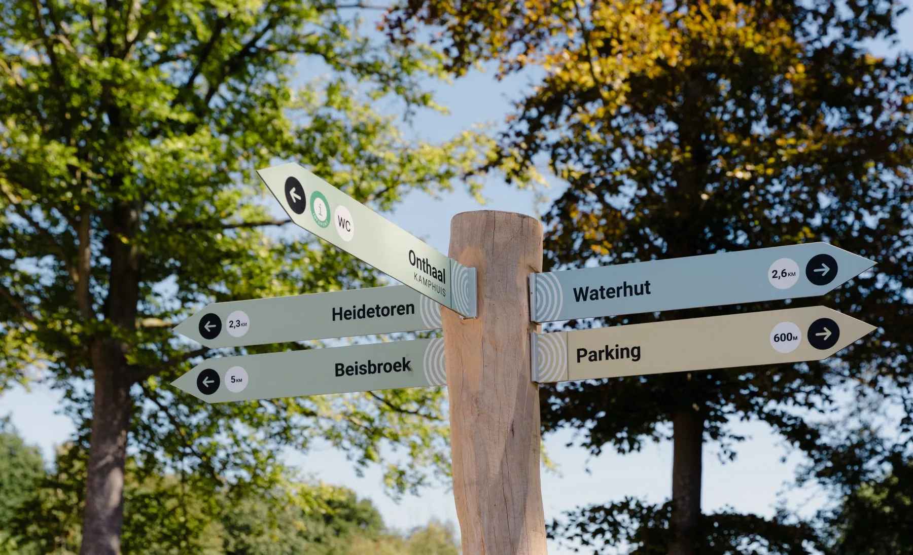 Bewegwijzeringsbord in natuurdomein Vloethemveld met richtingen naar Onthaal, Waterhut, Heidetoren en parking, omringd door bos
