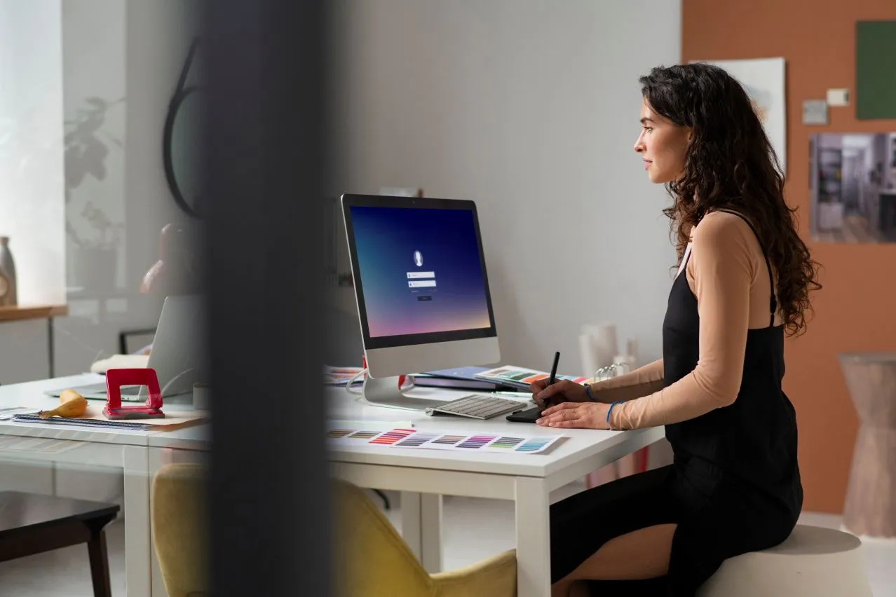 Marketingprofessional werkt aan laptop terwijl ze een moderne website-ervaring ontwerpt.