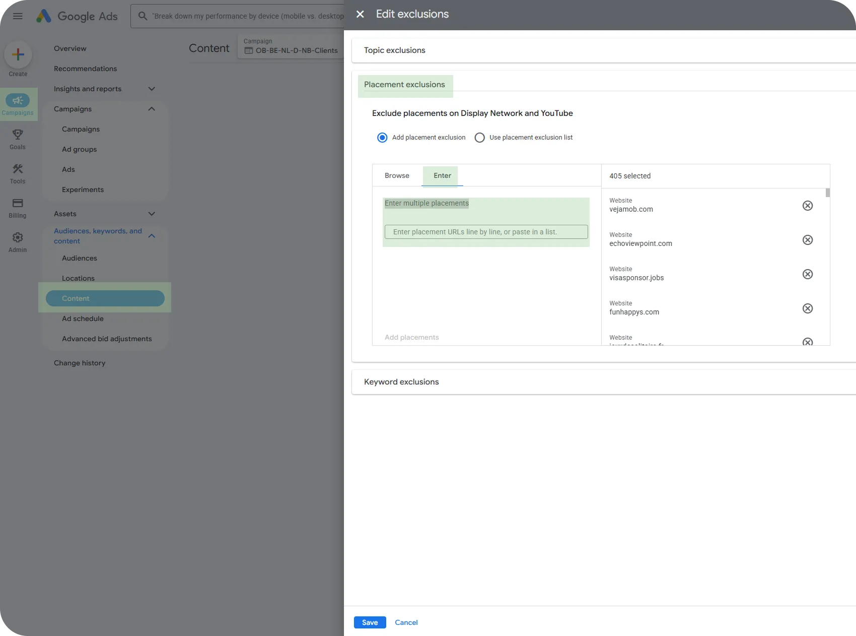 Menu in Google Ads om mobiele app-plaatsingen op campagneniveau uit te sluiten via placement exclusions