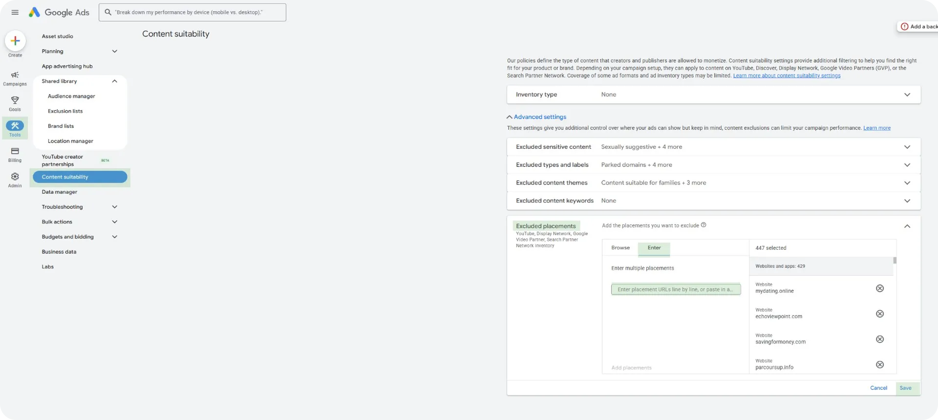 Menu in Google Ads om mobiele app-plaatsingen op accountniveau uit te sluiten via Content suitability en Excluded placements