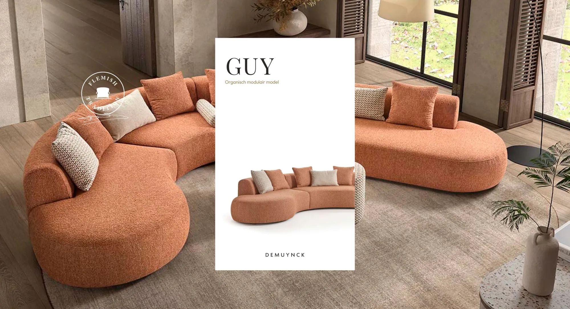 Guy organic modular sofa in terracotta by Demuynck Furniture Wevelgem with soft curves and spacious seating modules