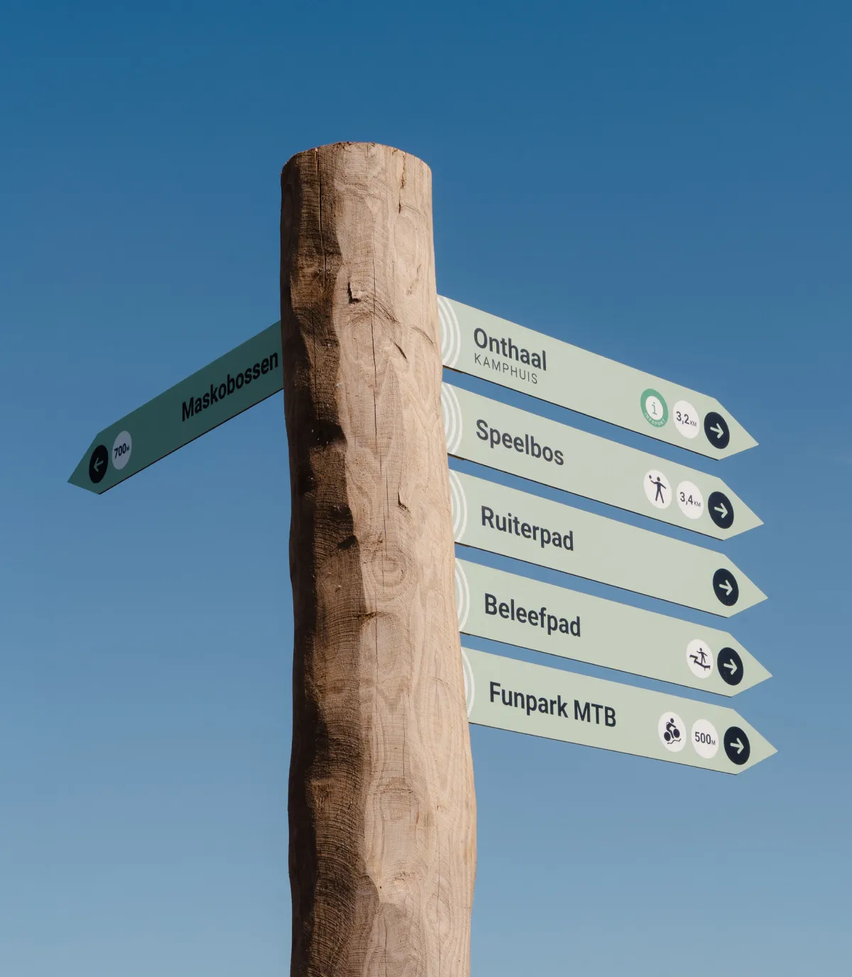 Houten wegwijzer met pijlen naar wandelroutes en bezienswaardigheden in natuurgebied Vloethemveld onder een blauwe lucht