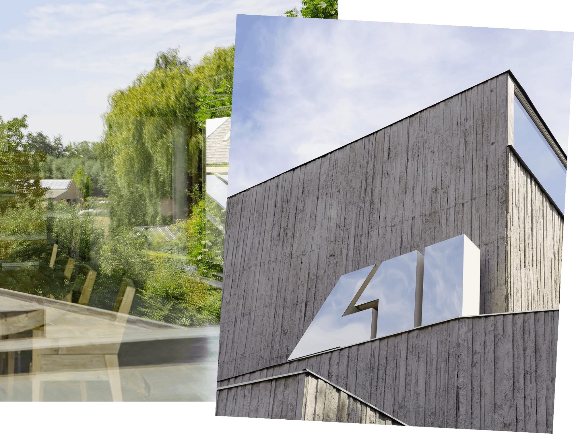 Gevel van het 411-gebouw met omliggend groen.