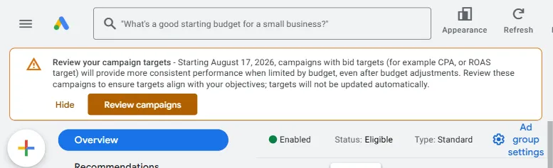 Google Ads melding: Review your campaign targets Starting August 17, 2026